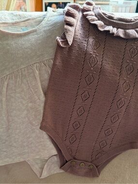 Mauve Knit Ruffle Baby Romper with Light Pink Top